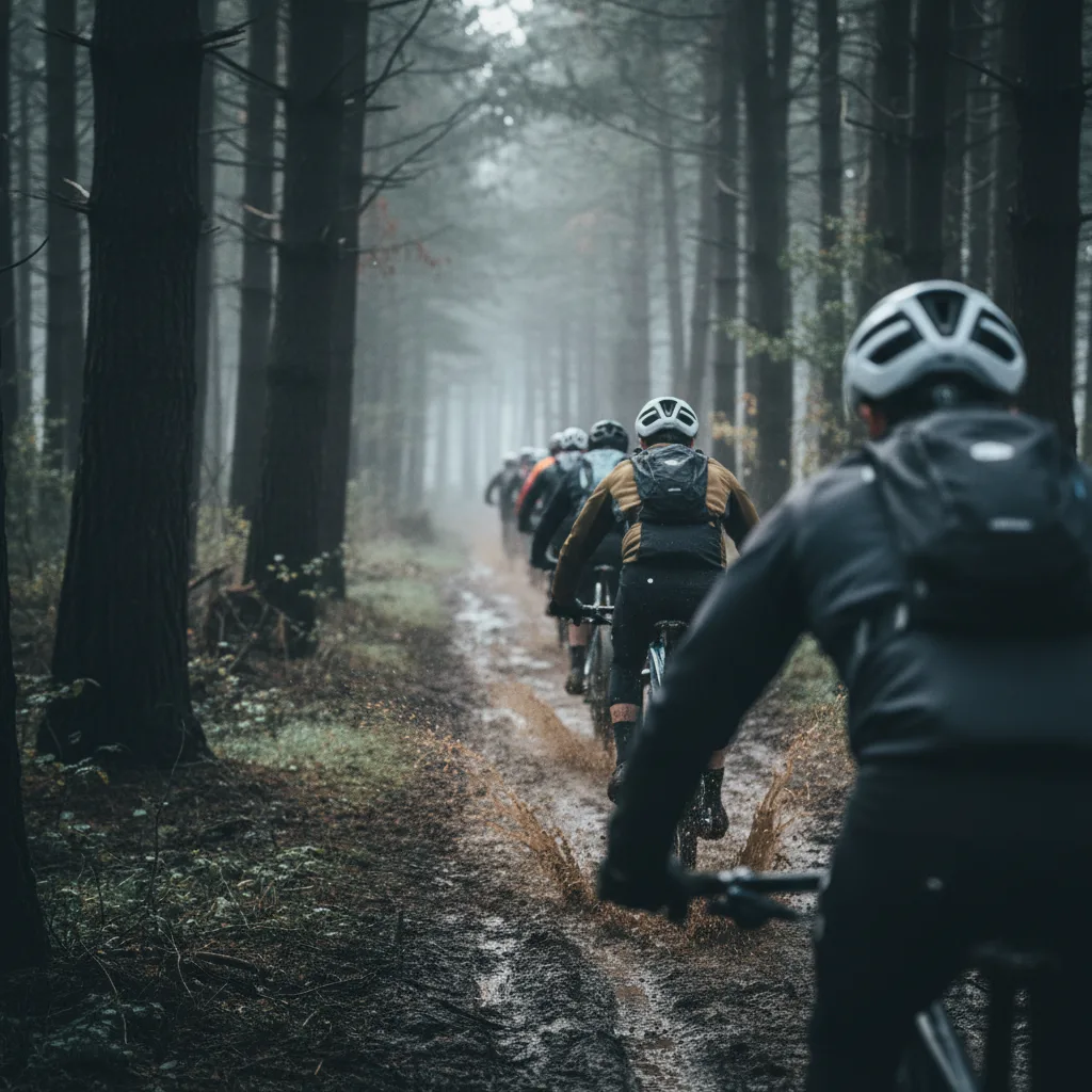 Groupe de vététistes testant un sentier VTT en forêt
