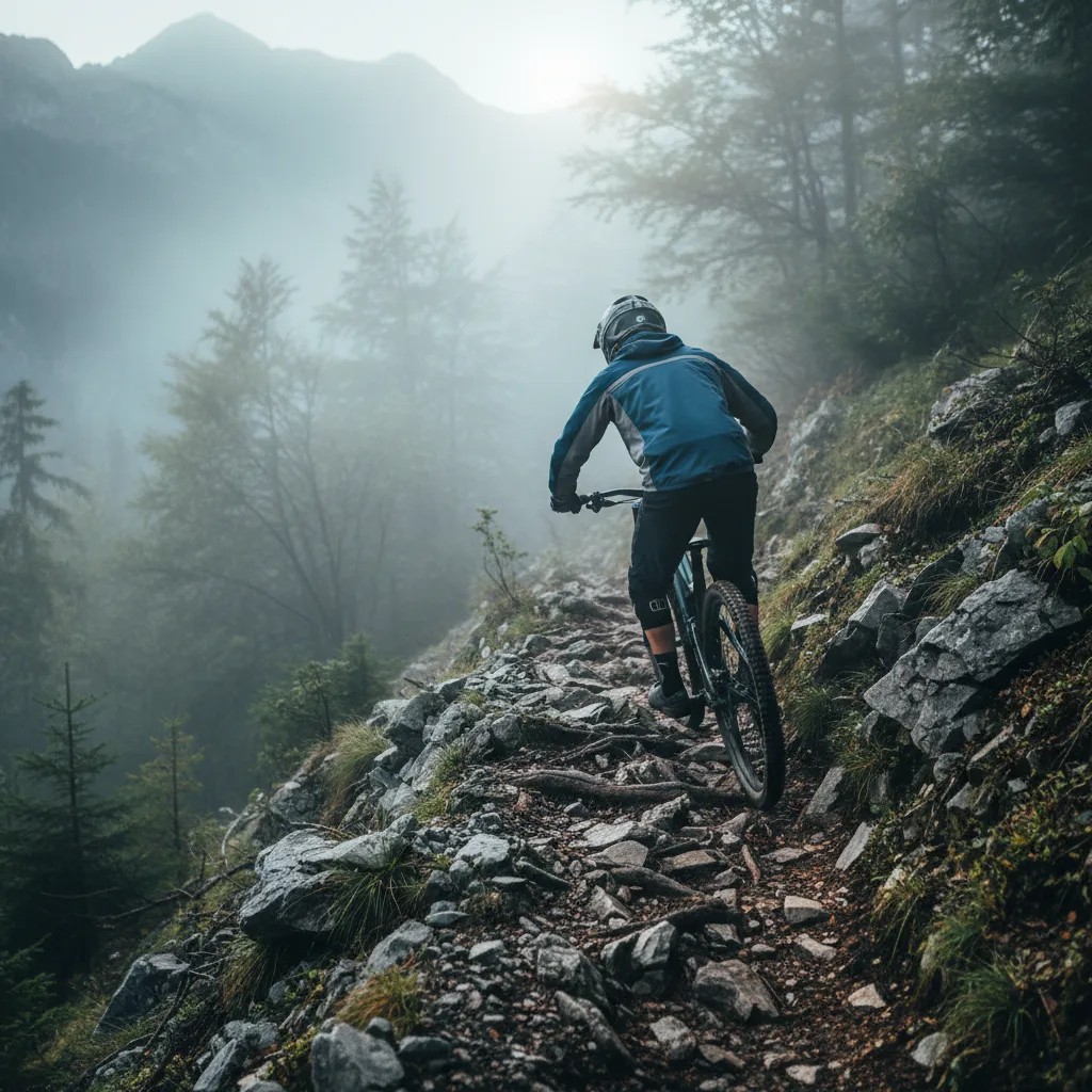Vététiste descendant un single technique dans les Alpes françaises