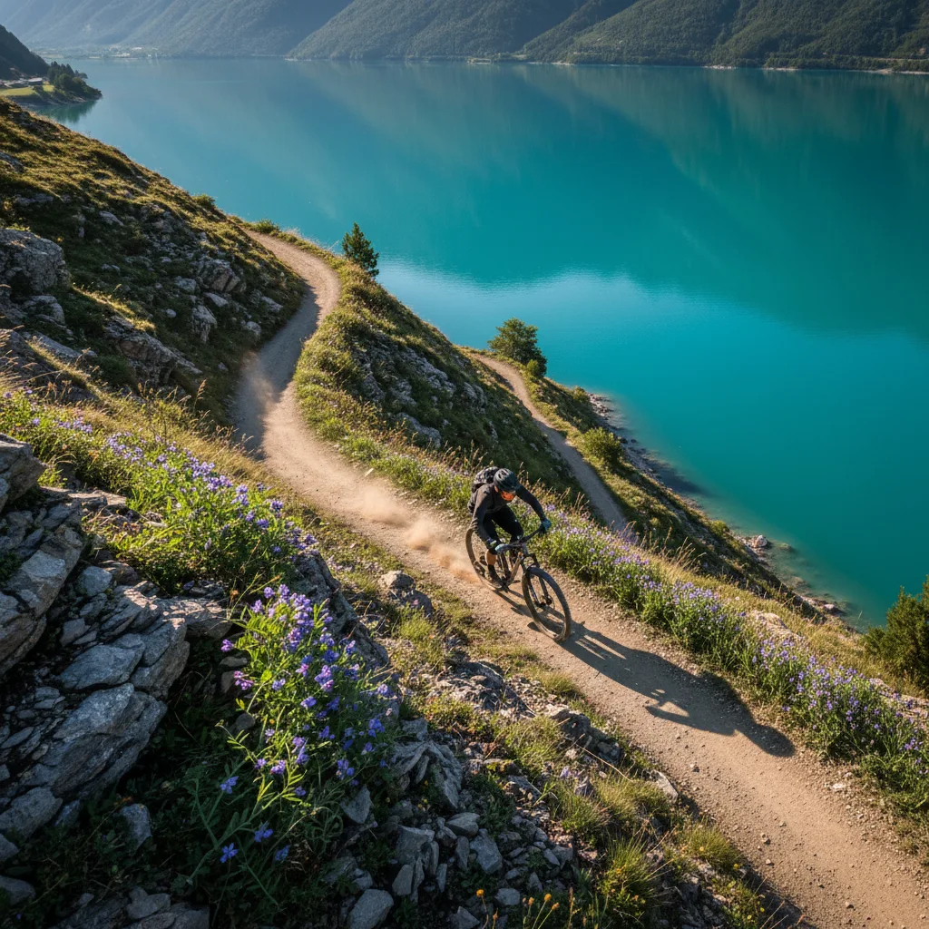 Sentier VTT serpentant dans les Alpes près d'Annecy